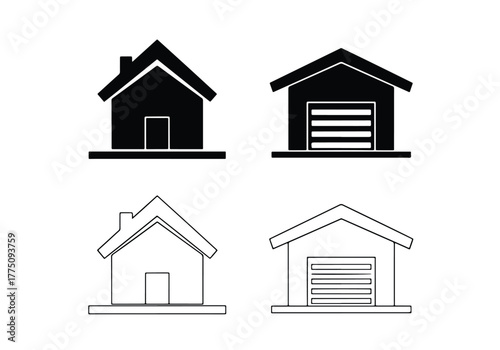 House and garage icons set solid outline styles - Vector icon symbol for website - Icon vector - Blue icon vector - Line and glyph solid icon set