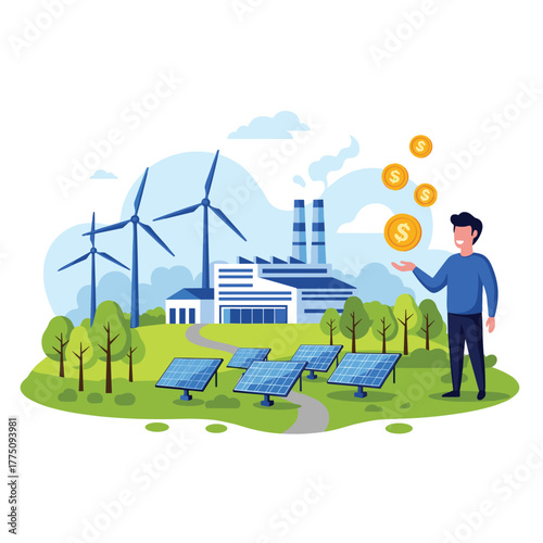 A man benefits financially from a sustainable energy power plant featuring wind turbines and solar panels providing clean energy.
