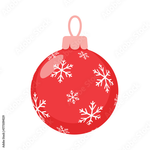 A bright red Christmas tree ornament adorned with white snowflakes and a pink hanger, celebrating the winter holiday season.