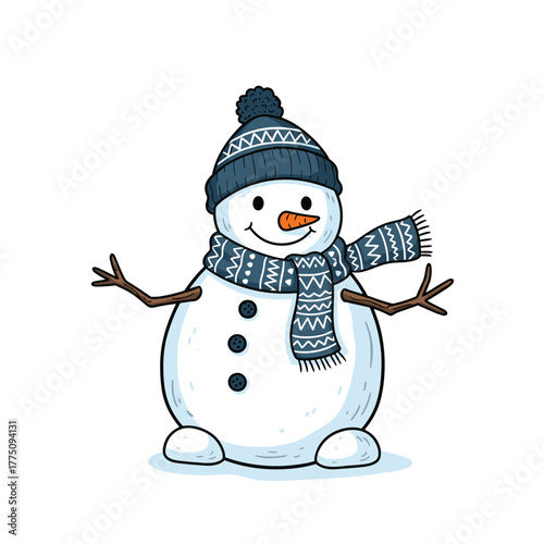 A charming cartoon snowman, dressed in a blue knitted hat and a patterned scarf, smiles cheerfully, embodying the joyful spirit of winter and holidays.