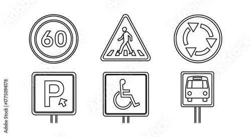 Set of six different road signs in black and white outline.