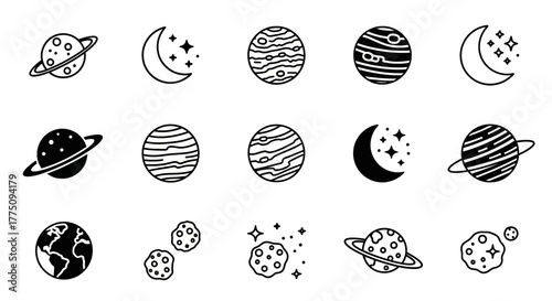 A collection of minimalist space icons featuring planets, moons, and asteroids in black and white.