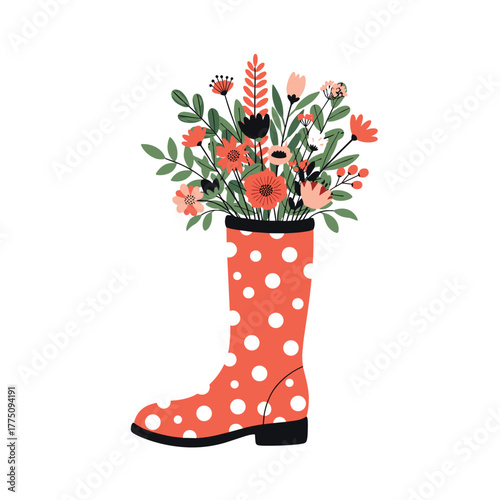 A charming red rain boot adorned with white polka dots acts as a whimsical vase for a vibrant bouquet of fresh, colorful spring flowers.