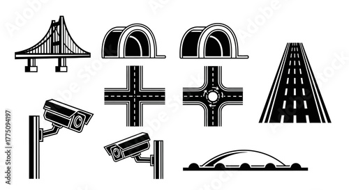Monochrome road infrastructure icons: bridge, tunnel, intersection, camera, highway.