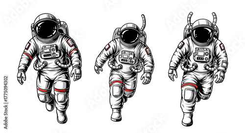 Three astronauts in spacesuits running forward, vector illustration.