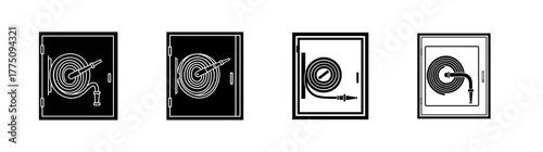 Four black and white icons depicting fire hose reels in different orientations within square frames.