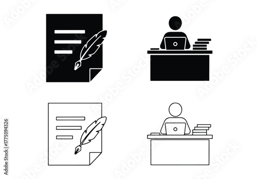 Writing and study icons set silhouette and outline - Vector icon symbol for website - Icon vector - Blue icon vector - Line and glyph solid icon set