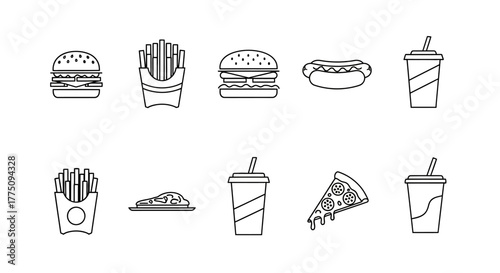 Outlined fast food icons: burgers, fries, hot dog, pizza, and drinks.
