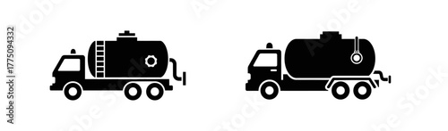 A set of two black silhouette icons depicting different models of tanker trucks, isolated on a white background.