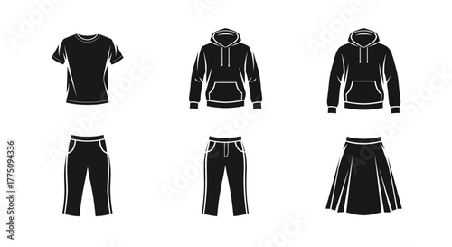 Clothing icons: t-shirt, hoodies, pants, and skirt in black and white.