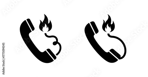 Two black icons of a telephone handset with a flame above the coiled cord, symbolizing a burning or broken phone line.