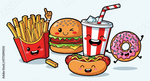 Cartoon illustration of fast food items: fries, burger, soda, donut, and hotdog.
