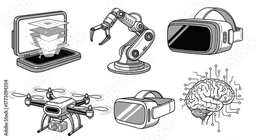 Illustrations of technology: laptop, robotic arm, VR headsets, drone, and brain.