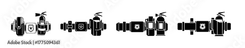 A set of four black and white icons representing various fire safety equipment, including hydrants and extinguishers.