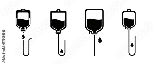 Four black and white illustrations of intravenous drip bags, depicting medical procedures.