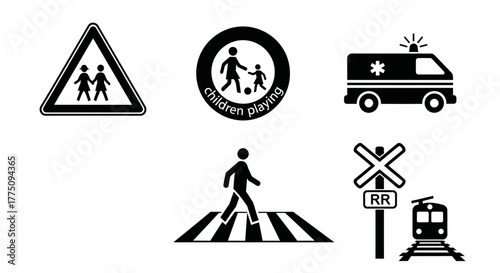 A collection of black and white traffic and safety signs.