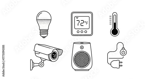 Smart home devices: light bulb, thermostat, thermometer, security camera, speaker, smart plug.