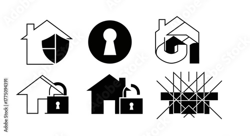 Six security icons: house, shield, keyhole, padlock, and abstract designs.