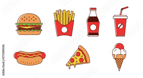 Cartoon illustration of fast food items including burger, fries, soda, hotdog, pizza, and ice cream.
