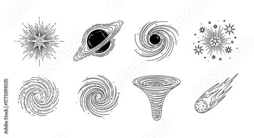 Set of hand drawn space objects: star, black hole, galaxy, comet.