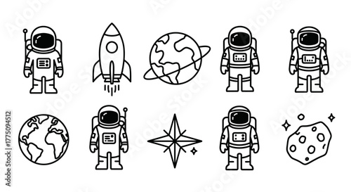 Space themed line art icons of astronauts, rocket, planets, star, and asteroid.