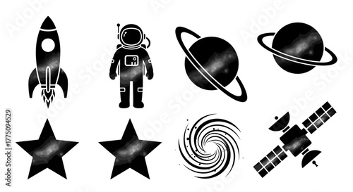 Space themed black and white vector icons set.