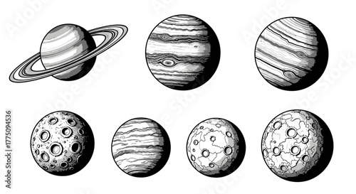 Illustration of planets and moons in the solar system.