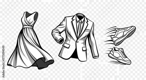 Illustration of a dress, suit jacket, and sneakers on a transparent background.