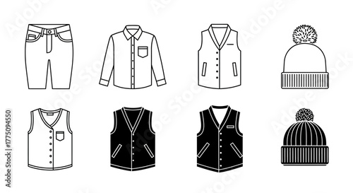 Clothing line art: pants, shirts, vests, and beanies.