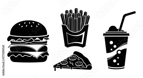 Black and white illustration of fast food items: burger, fries, pizza, and soda.