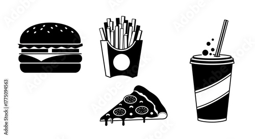 Black and white illustration of fast food items: burger, fries, pizza, and soda.