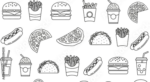 Black and white fast food pattern with burgers, fries, pizza, tacos, and drinks.