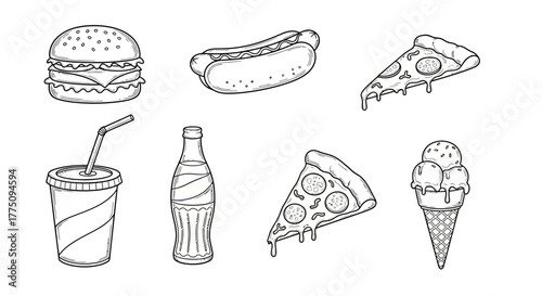 Outlined fast food icons: burger, hotdog, pizza, soda, cola, and ice cream.