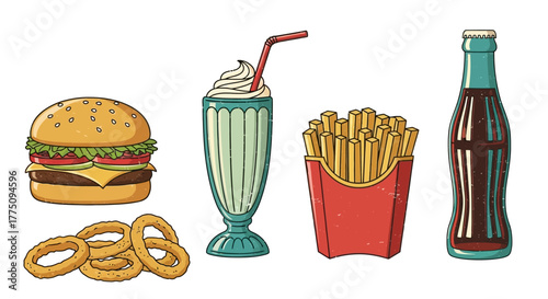 Cartoon illustration of fast food items: burger, milkshake, fries, soda, and onion rings.
