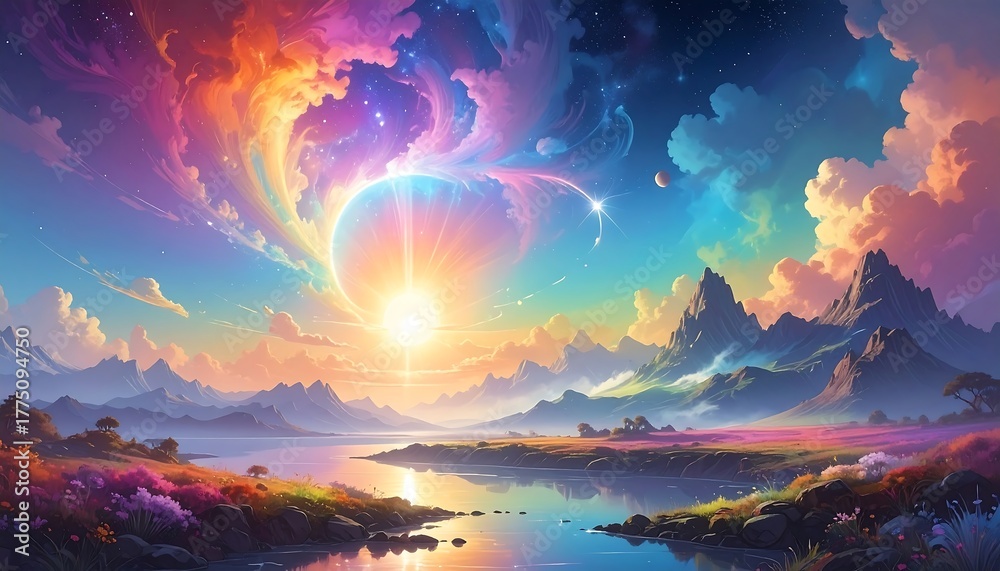 Obraz premium A vibrant, dreamy landscape with a shining sun and colorful clouds