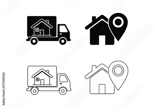 Moving truck and house location icons set - Vector icon symbol for website - Icon vector - Blue icon vector - Line and glyph solid icon set