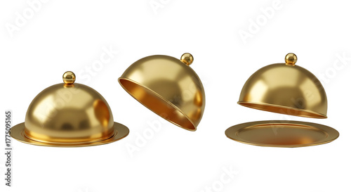 Golden Serving Platter with Cloches PNG, 3D Rendered Cloche Set, Luxury Gold Plate and Dome Cutout, Three-Step Golden Serving Tray Isolated, Polished Metallic Serving Ware Graphic