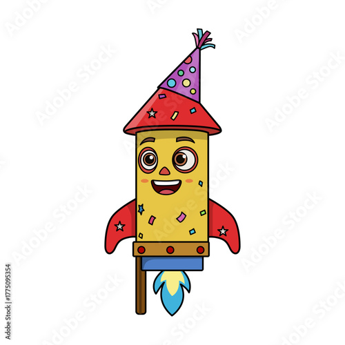 Rocket in a festive mood, grinning with a party hat. Ideal for birthday cards, party invitations, celebration themes, and joyous content.
