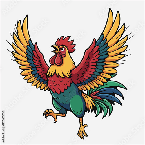 Vibrant cartoon rooster with spread wings and colorful plumage on white background, conveying energetic mood.
