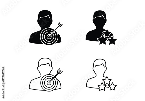 Customer profile icons with targets and stars - Vector icon symbol for website - Icon vector - Blue icon vector - Line and glyph solid icon set