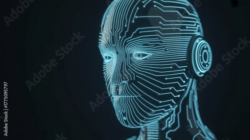 3D digital illustration of a AI robot face, symbolizing concepts of science, technology, mind and intelligence.