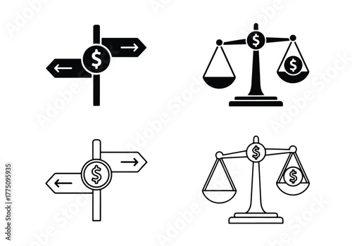 Money decision icons finance symbol balance and direction signs - Vector icon symbol for website - Icon vector - Blue icon vector - Line and glyph solid icon set