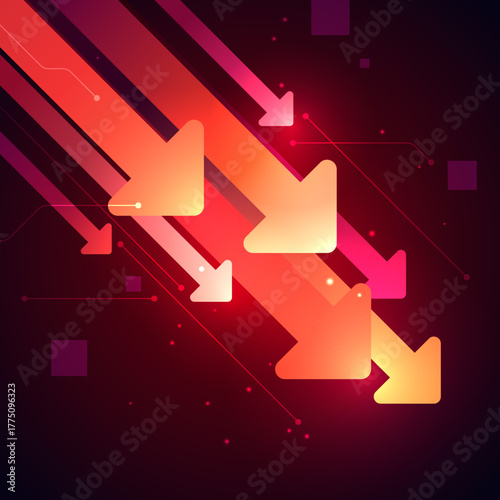 Glowing red-orange arrows moving down on dark background, represents financial loss, economic decrease, stock market crash