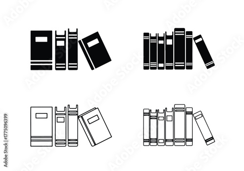 Set of four stylized book shelf icons in black and white - Vector icon symbol for website - Icon vector - Blue icon vector - Line and glyph solid icon set