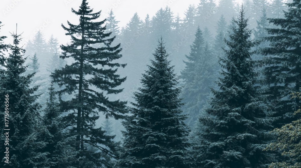 Fototapeta premium Misty Evergreen Forest A Serene Landscape of Towering Trees.