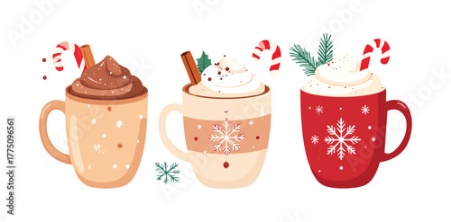 Christmas hot chocolate and cocoa, cartoon mug with drink vector icon, Holiday winter set. illustration