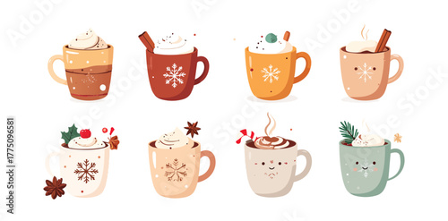 Christmas hot chocolate and cocoa, cartoon mug with drink vector icon, Holiday winter set. illustration