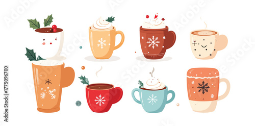 Christmas hot chocolate and cocoa, cartoon mug with drink vector icon, Holiday winter set. illustration