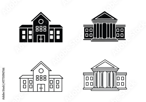 Four stylized building icons classic architecture facades collections - Vector icon symbol for website - Icon vector - Blue icon vector - Line and glyph solid icon set