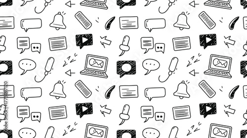 Hand drawn social media seamless pattern for vibrant backdrops or playful website designs showcasing communication and tech themes, perfect for modern concepts